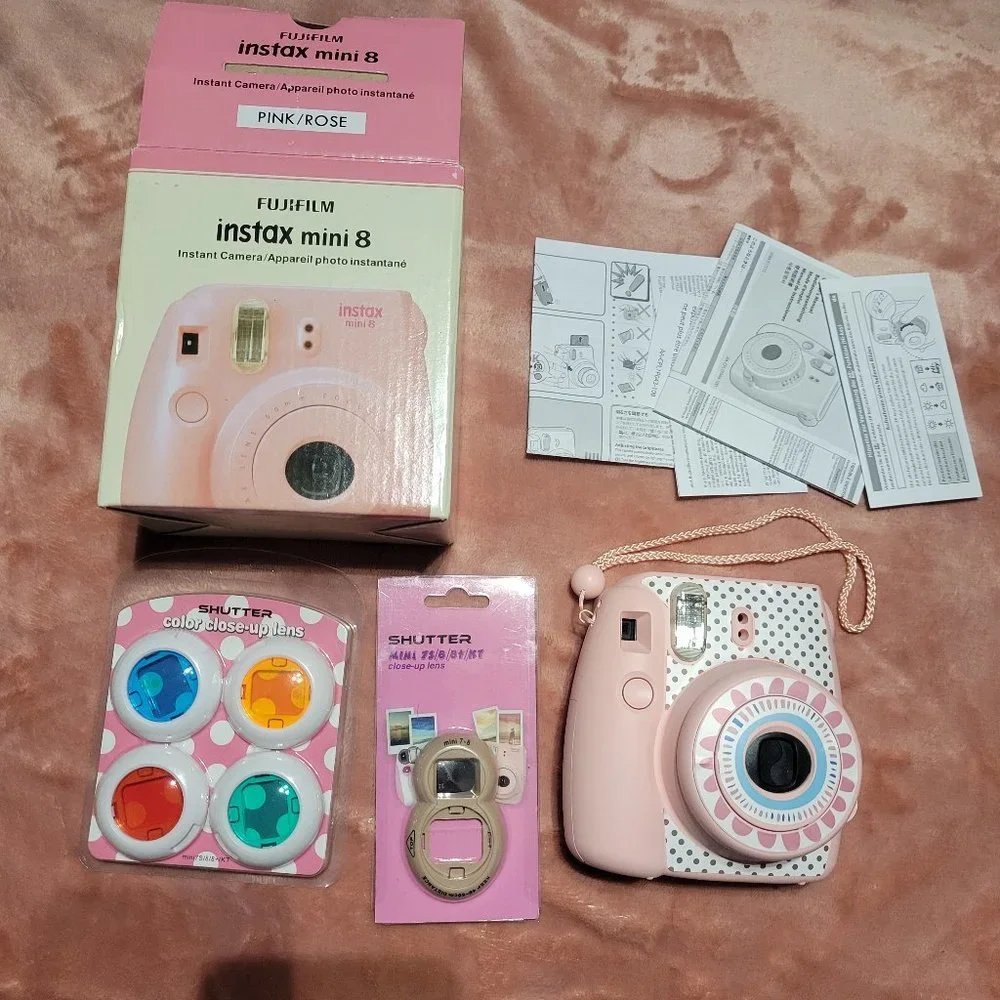 Fujifilm Instax Mini 8 Pink Instant Camera + Box + Lenses - Tested Works